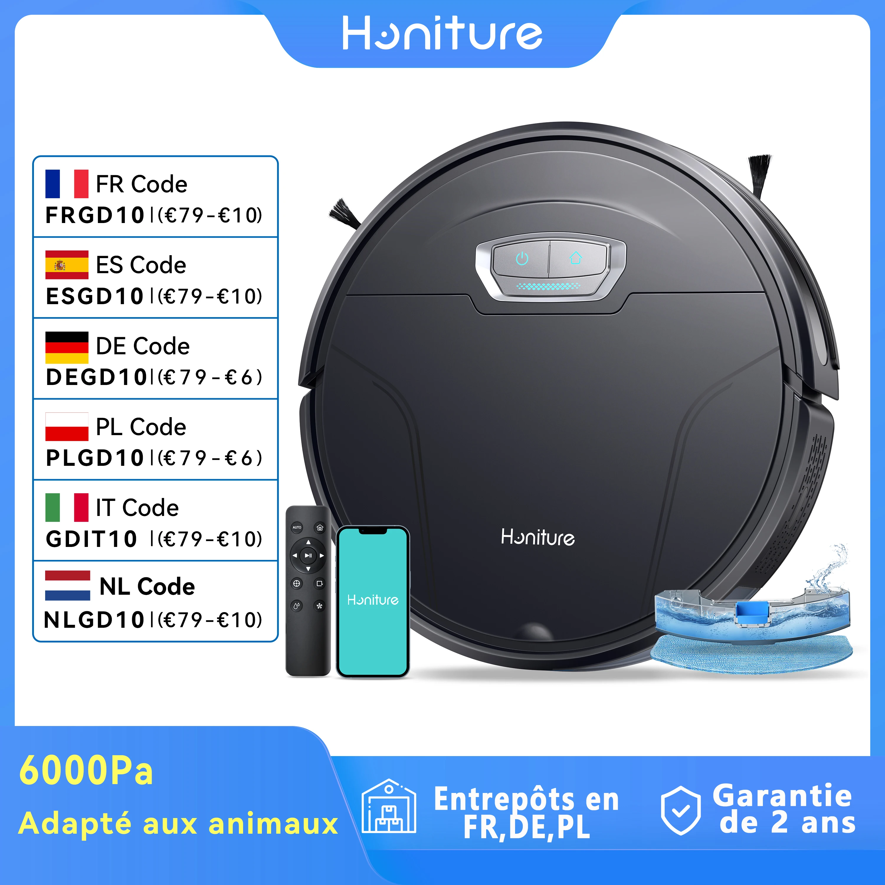 Honiture G20 Pro Robot aspirateur 6000Pa 180 minutes autonomie Navigation intelligente nettoyage complet 3 en 1