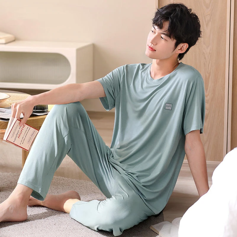 

Solid Color Pajamas Set For Men Summer Modal Cool Homewear Short Sleeves Long Pant Home Clothes Male Pjs Pyjamas Hombre 5XL 4XL