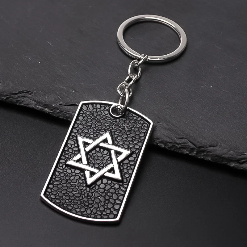European American Vintage Letter Hexagram Military Tag Keychain Hip Hop Personalized Key Ring Stylish Durable Trendy Accessory