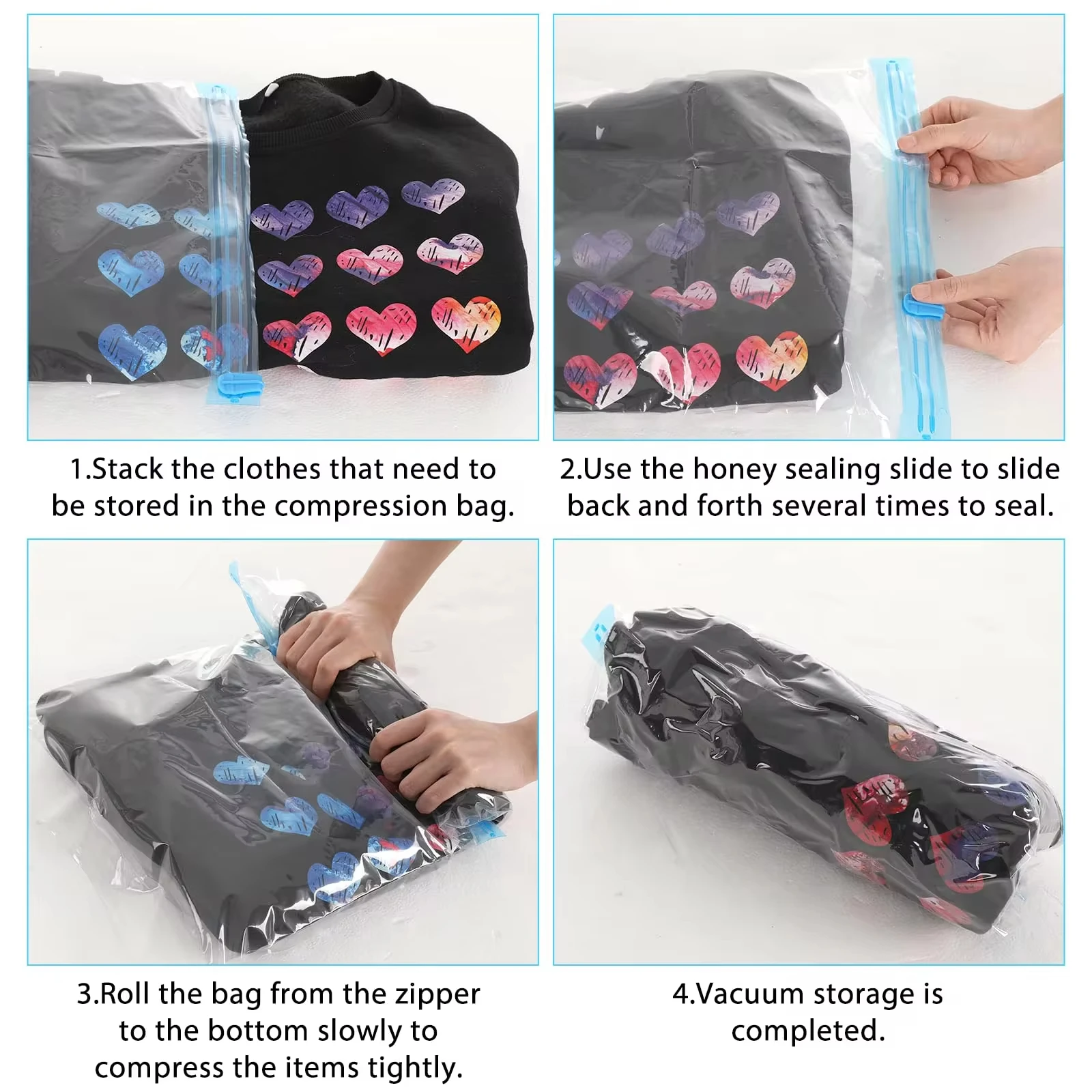 10 Pack Compression Bags Travel Essentials Space Saver Bags Hand Roll-Up Airtight Vacuum Storage Bags Clothes Organizers