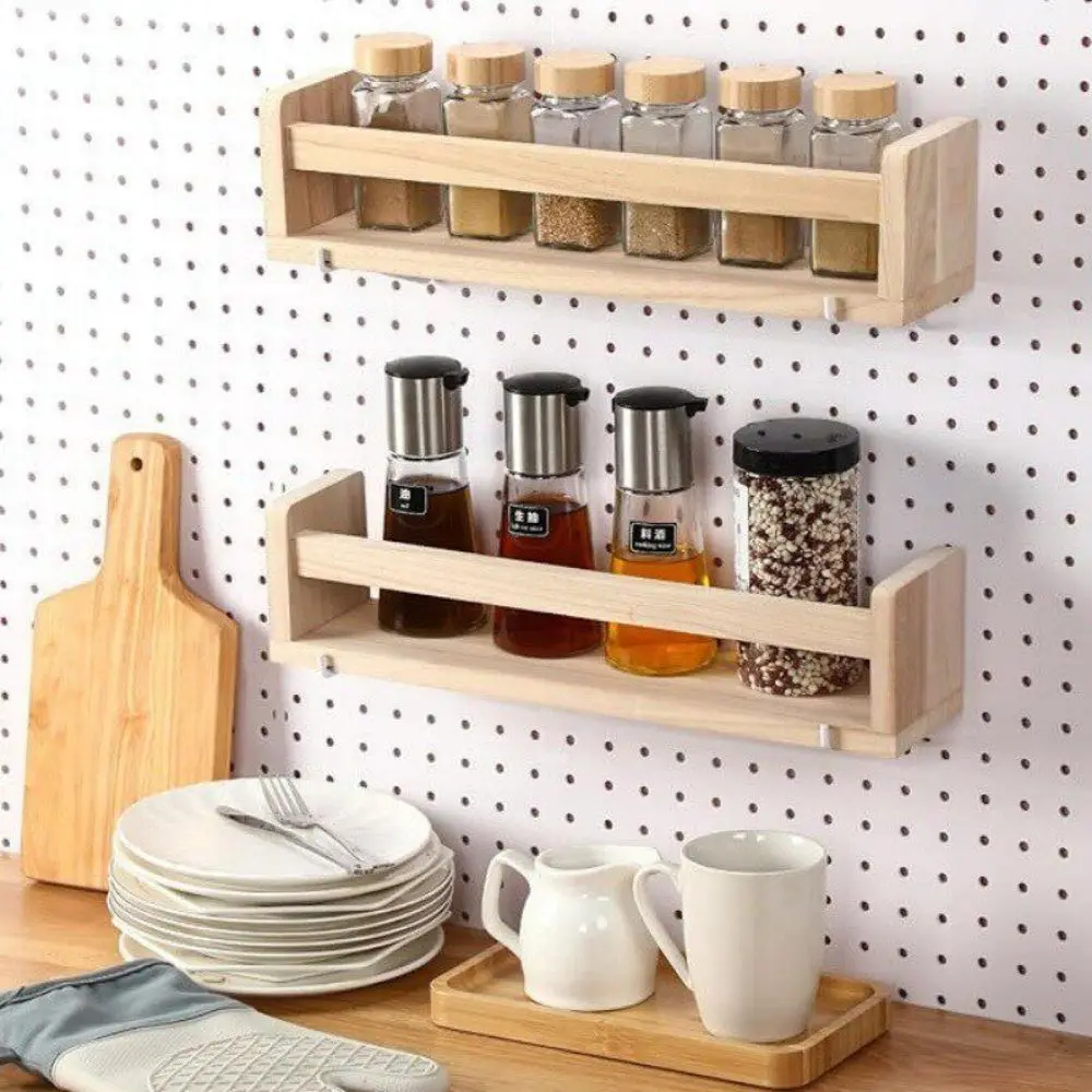 Solid Wood DIY Floating Shelves Space Saving Rustic Bathroom Storage Rack Wall Mounted Durable Kitchen Spice Rack Living Room