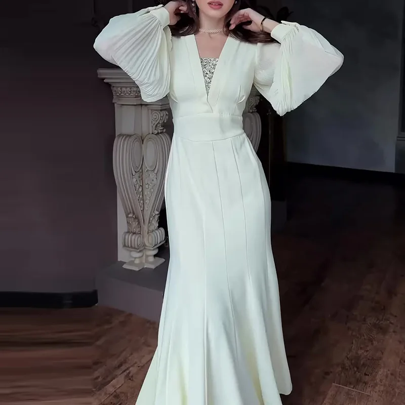 Vestido elegante de fiesta trompeta con lentejuelas y cuello en V para mujer, vestido largo plisado de cintura alta liso de primavera, vestido largo acampanado con mangas abullonadas de otoño