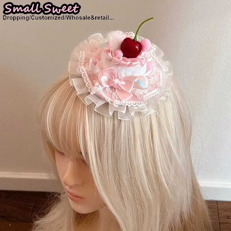 Women Sweet Lolita Cherry Bow Lace Hair Clip Mini Hat Elegant Headdress Birthday Hat Ladies Lolita Girl Cream Cake Hairpins
