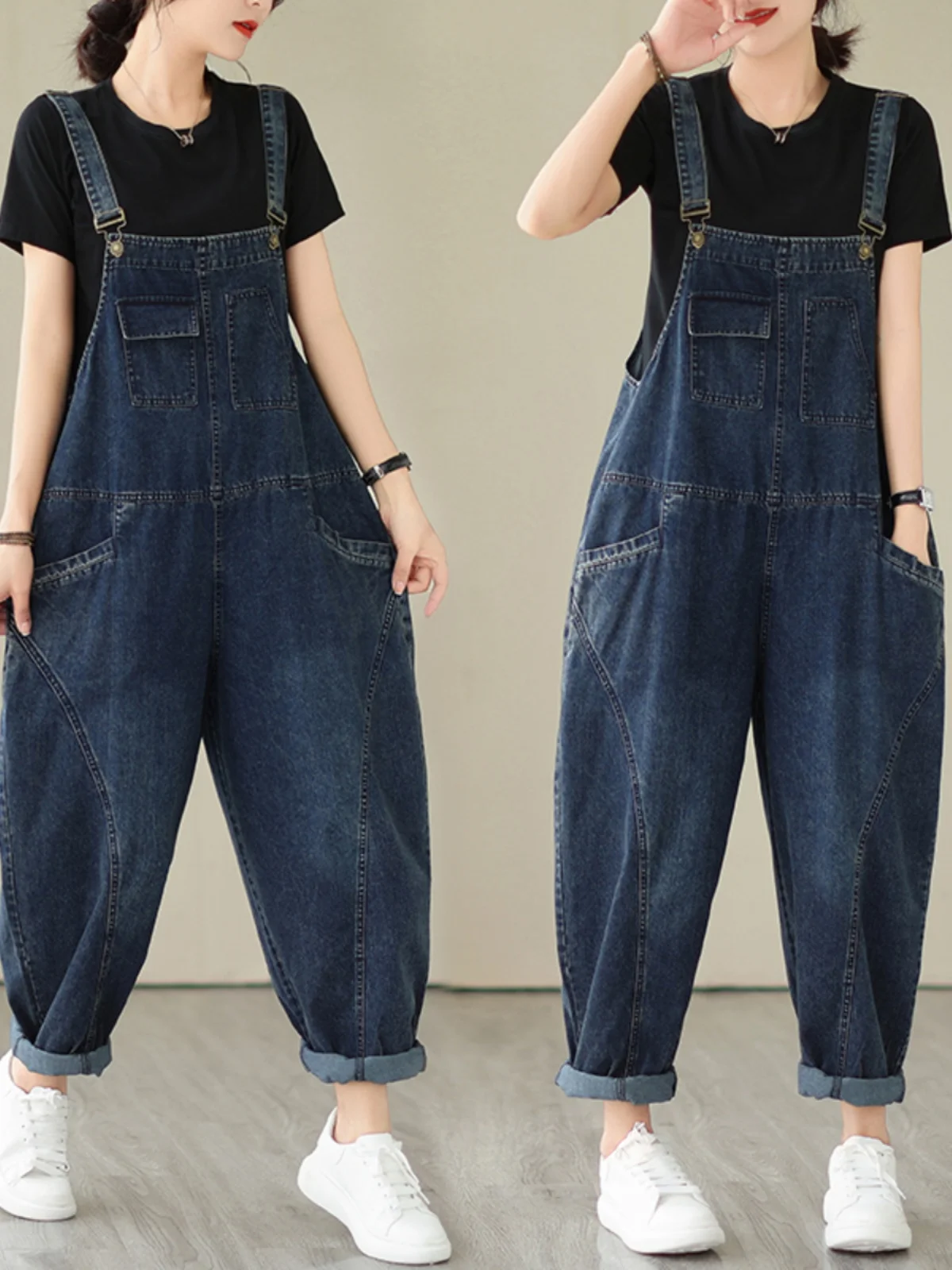 Fall Women's Loose Jeans Overalls Deep Blue High Waist Design Sensation plus Size Faion plus Size Women's Loose Slimming