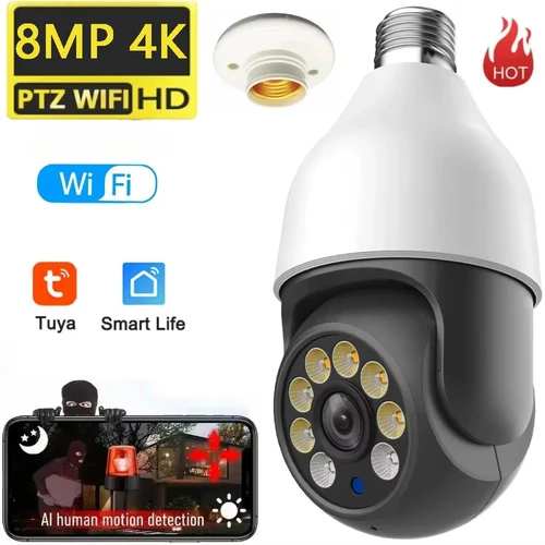 Tuya-cámara con bombilla de 8MP, E27, WiFi, vida inteligente, PTZ, IP, CCTV, visión nocturna exterior, 3MP, cámara de vigilancia con bombilla de vídeo de seguridad TUYA