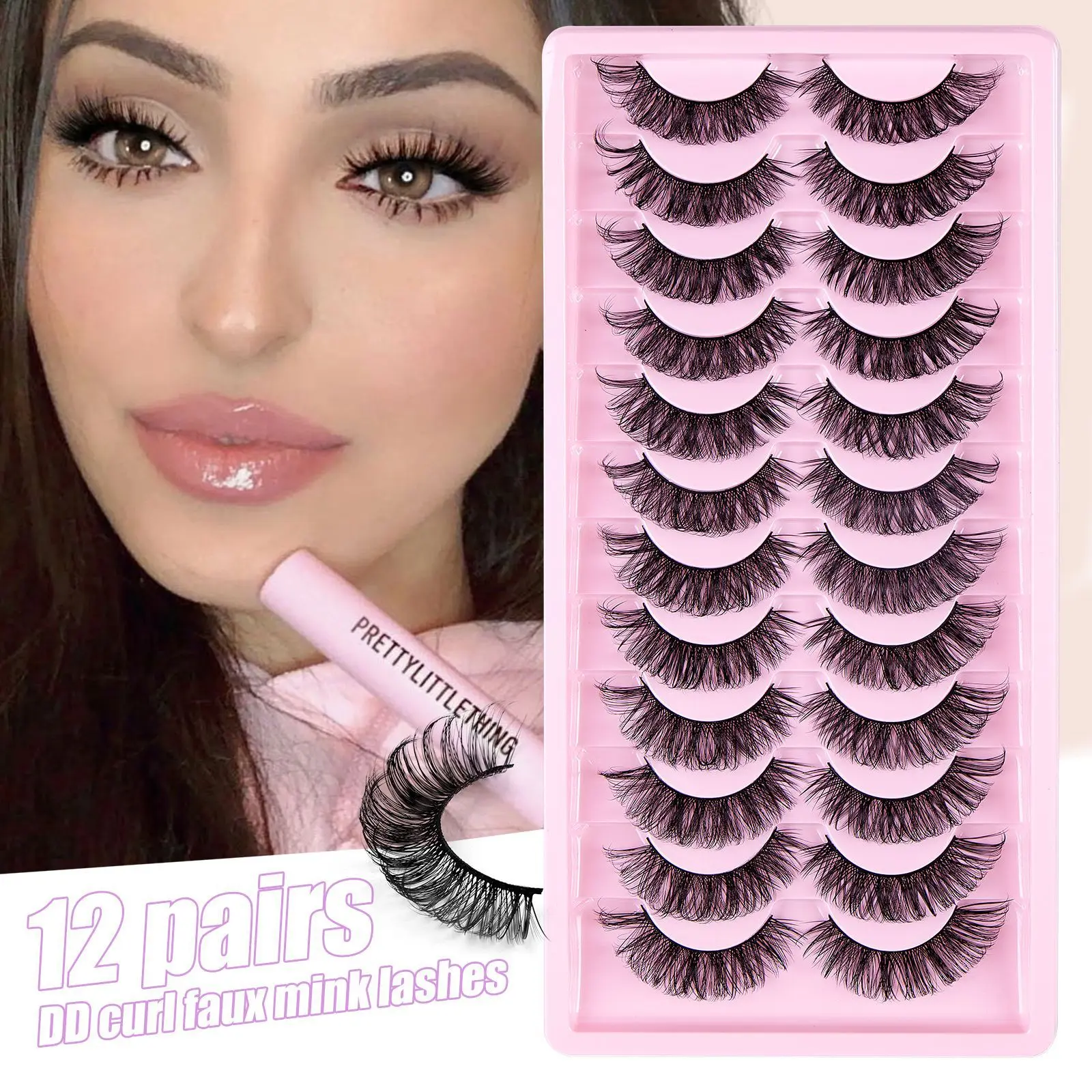 Falso Mink Cílios Postiços, Grosso, Fofo, Encaracolado, Volume Dramático, Lashes Strip russo, Look Natural, Extensão Maquiagem, 12 Pares