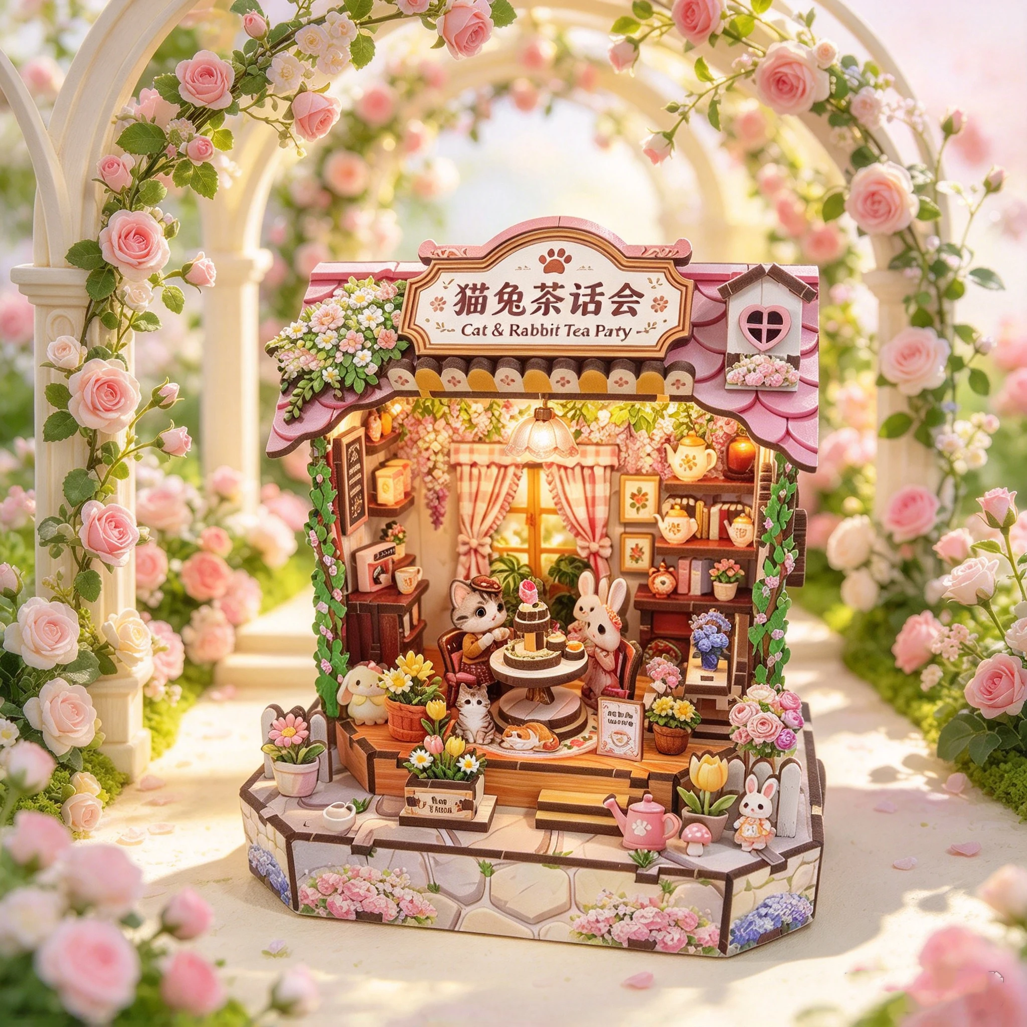DIY Wooden Cat Rabbit Tea Party Cottage Miniature Model Kits With Furniture Puzzles Dollhouse for Friends Birthday Xmas Gifts