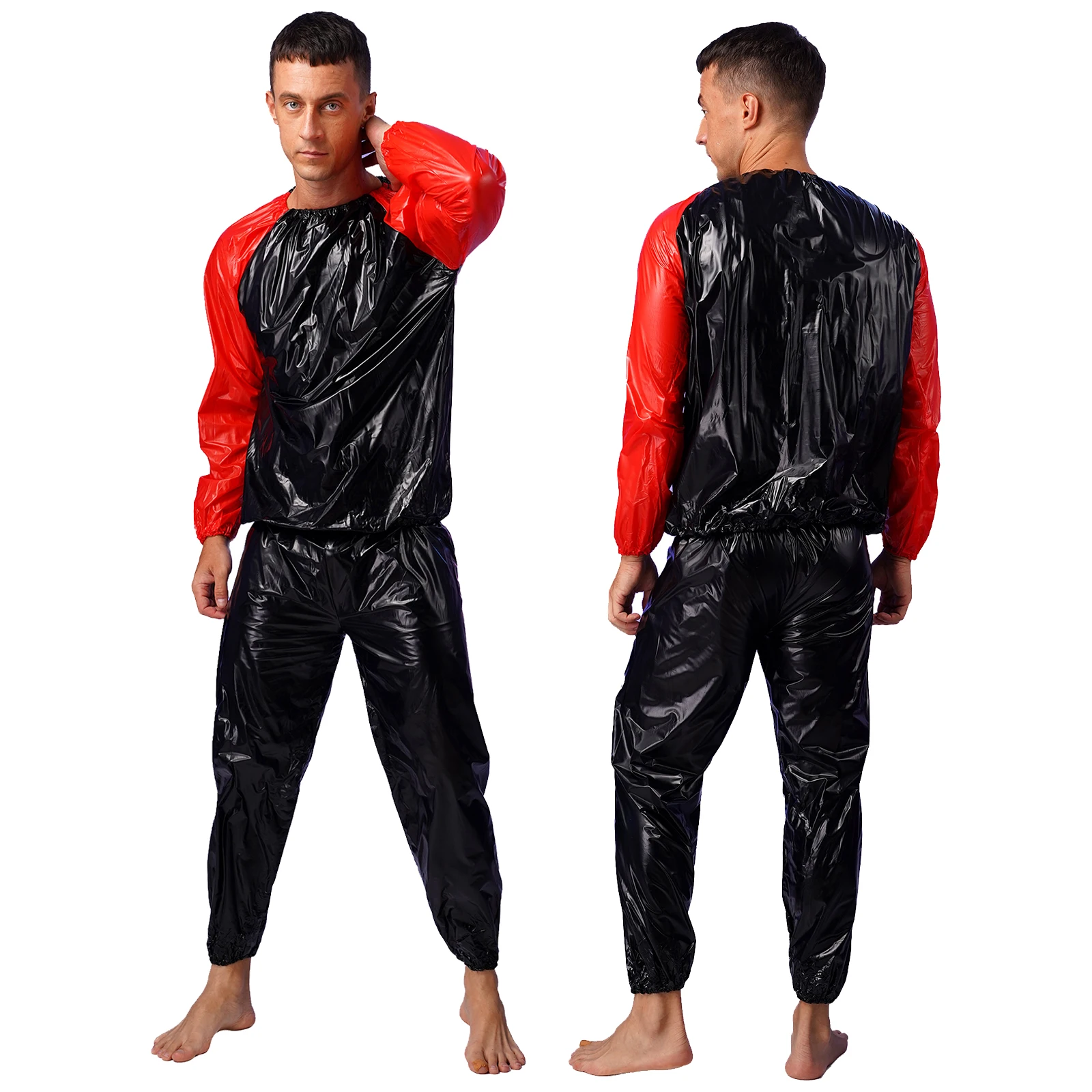 

Sauna Suit Fitness Gym Workout Outfits Mens Womens Weight Loss PVC Sauna Suit Contrast Color Stripe Long Sleeve Top with Pants