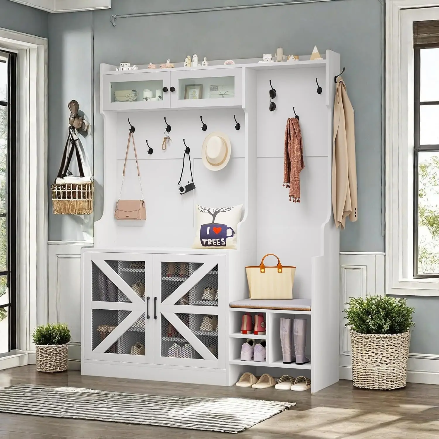 

Farmhouse Hall Tree with Bench, Farmhouse Entryway Bench with Shoe Storage and Coat Rack, Mudroom Storage Cabinet