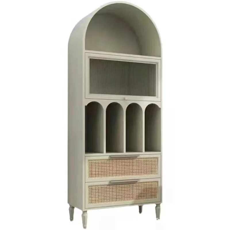 Simple retro arch, medieval living room and restaurant, hotel homestay, rattan light luxury small bookcase