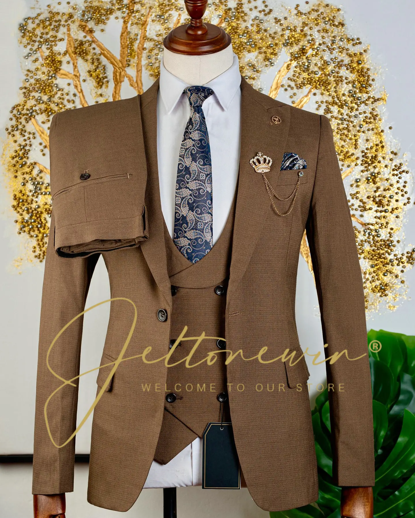 

Мужской коричневый костюм-тройка с жилетом и брюками, облегающая официальная одежда для свадьбы, жениха, вечеринки, делового случая
