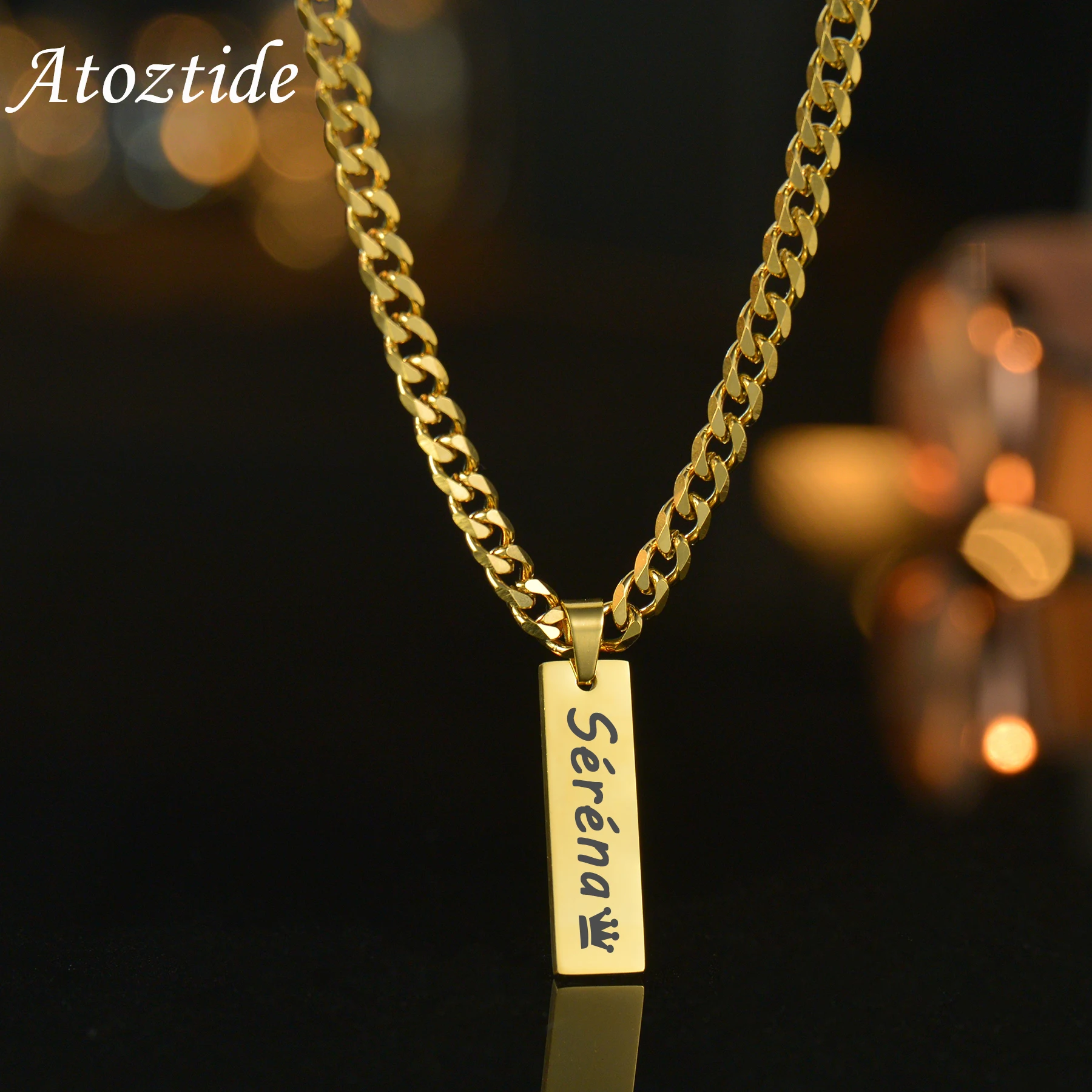 Atoztide Personalized Strip Engraving Name Date Pendant Necklaces For Women Stainless Steel Cuban Chain Fashion Jewelry Gift