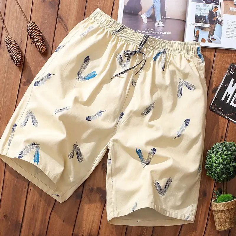 Summer New Cotton Shorts Men Breathable Thin Feather Print Pocket Elastic Waist Korean Loose Casual Sports Beach Short Pants 5XL