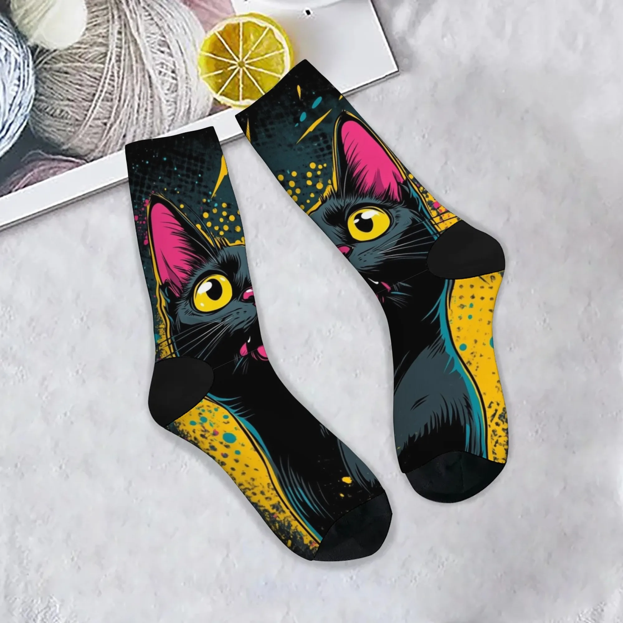Neuheit Pop Art Black Cat Casual Herrensocken Bequeme atmungsaktive rutschfeste Socken Harajuku Retro Street Crew Socken Party Geschenk