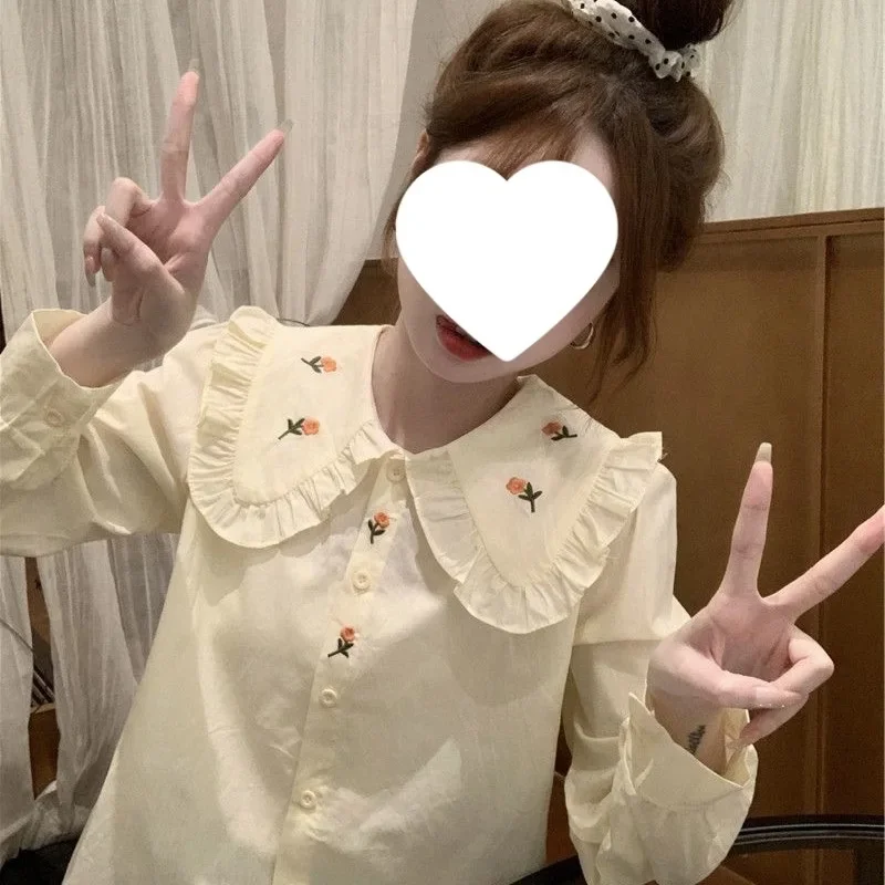 

French Sweet Embroidery Collar Long Sleeve Women's Shirt Elegant Design Niche Spring New Style Top Quality Material Co