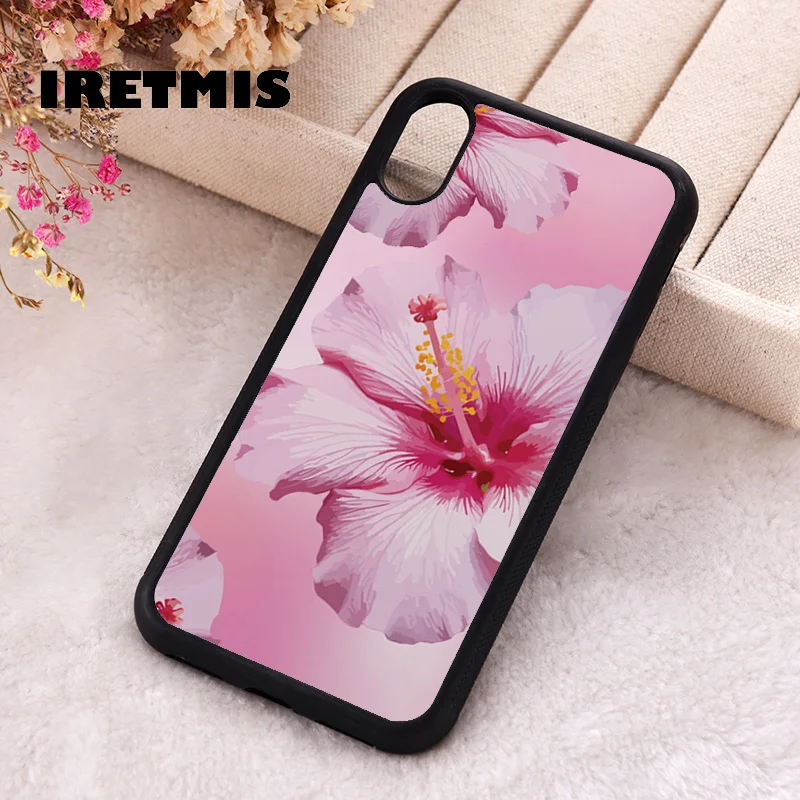 Iretmis Phone Cover Case For iPhone X XS Max XR 11 12 13 PRO MINI 14 15 16 Plus Silicone Rubber Pink Hibiscus