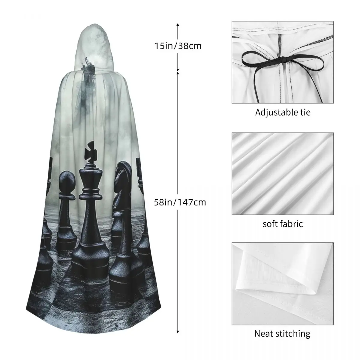 블랙 킹 체스 체스보드 롱 후드 망토 마녀 중세 의상 코스프레 케이프 할로윈 뱀파이어 성인 유니섹스