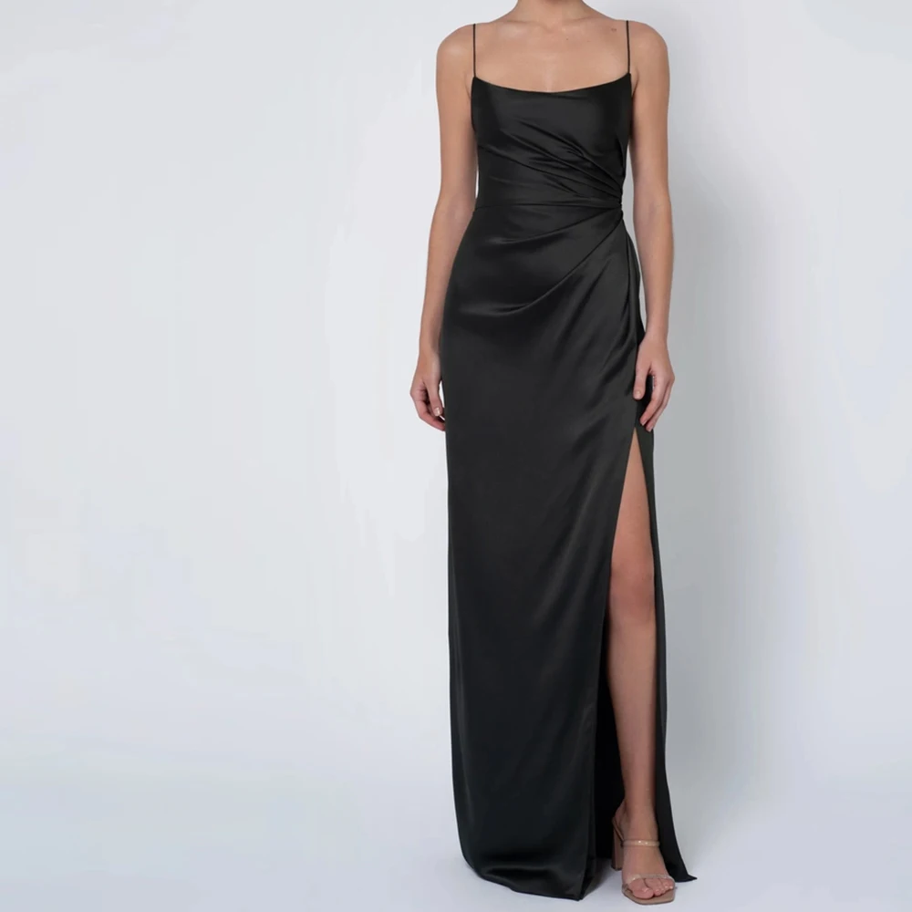 

Customized High Quality Spaghetti Straps Satin Evening Dresses Modern Square Collar Sleeveless Straight Floor Length Party Dress