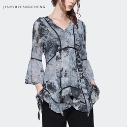 Fashion Ink Wash Painting Mid-length Chiffon Blouse Women Autumn new Flared Sleeve V-Neck Ruffles Tops Elegant Slimming Fit