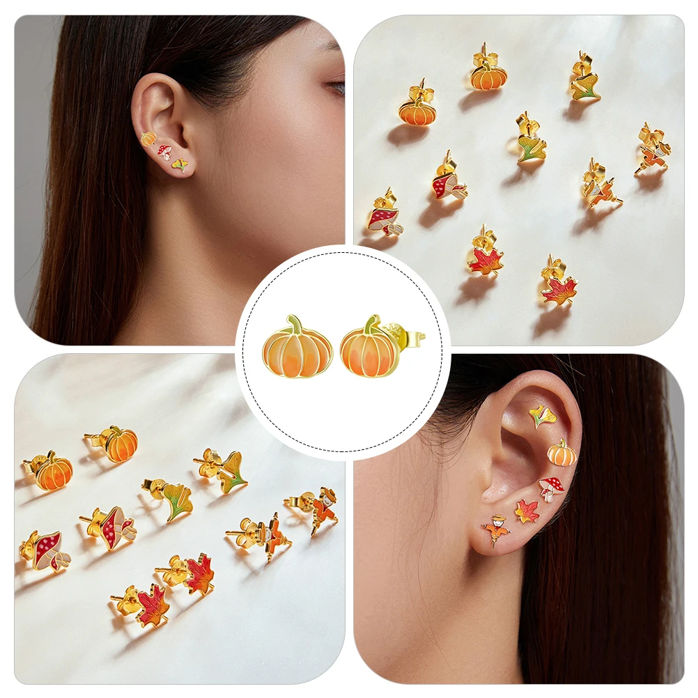 

Pumpkin Stud Earrings Lovely Stubs Autumn Ears Style Pendant S925 Sterling Silver Man