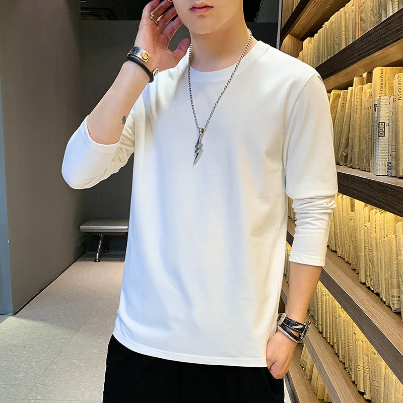 

HC2301 Korean Style Trendy Cotton Sweatshirts For Men Solid Color Simple Round Neck Long Sleeve Campus Handsome Male T-Shirts
