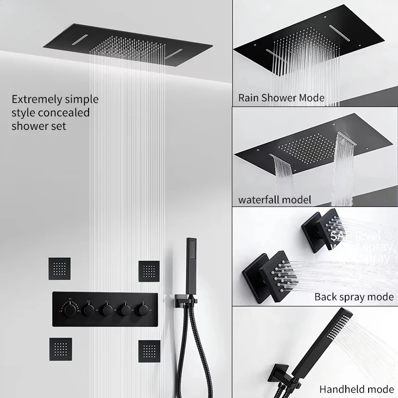 Brass Chrome Plated Single Bath Shower Faucet Set Luxury LED Shower System Massage Hidden Waterfall Rain Shower Set