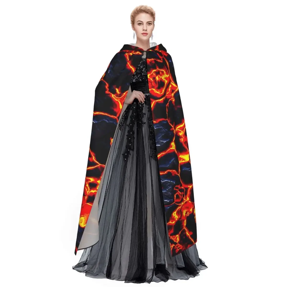 Magma Volcano Lava Fire Long Hooded Cloak Witch Medieval Costume Cosplay Cape HalloweenCoat Adult Unisex