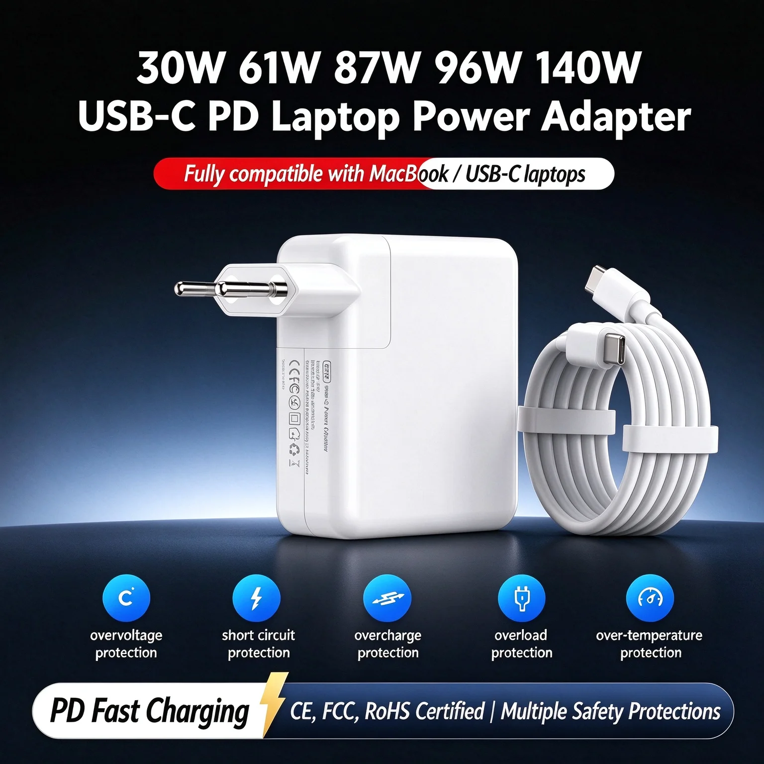30W 61W 87W 96W 140W USB-C PD Fast Charger, Type C Laptop Power Adapter Compatible with MacBook Air Pro M1 M2 M3 M4