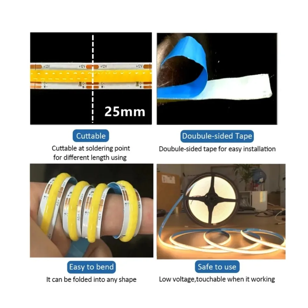 608 светодиодов/м, модель FCOB CCT, фотоэлемент, гибкая лента высокой плотности, COB 10 мм, фотоэлемент RA90 с регулируемой яркостью, украшение для