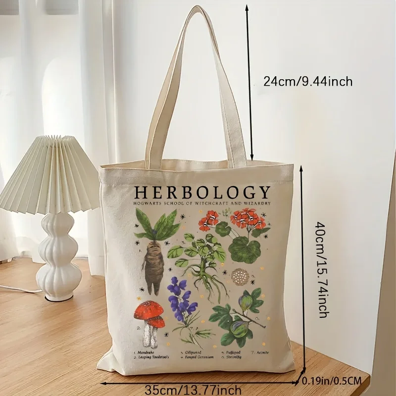 1Pc Herbology Plant Pattern Canvas Bag Shoulder Bag Botanical Travel Bag Plant Lover Bag Gardening Tote Bag Gift For Plant Lover