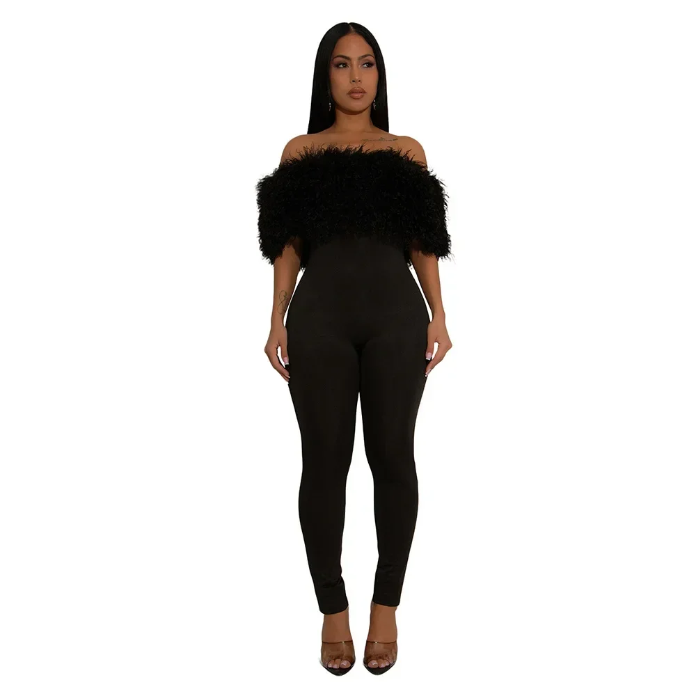Fluffy Faux Fur Patchwork Skinny Jumpsuits Women Sexy Slash Neck Off Shoulder Slim Party Overalls 2025 Fall Winter Casual Romper