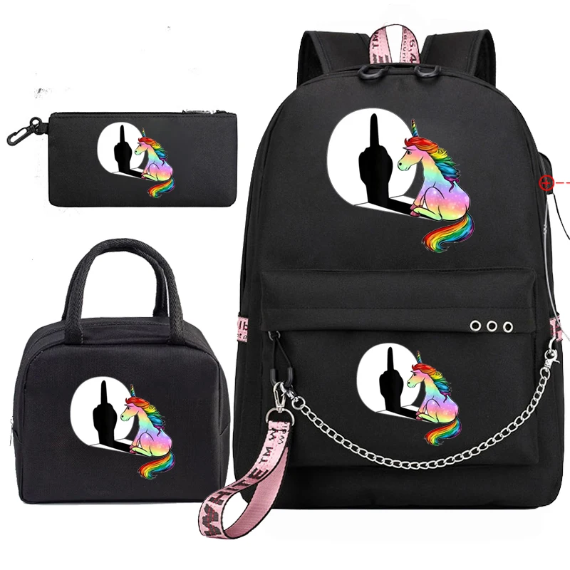 

New Fashion Back To School Anime Backpack Graphic Unicorn Middle Finger College Backpack Girls Laptop School Bag Trendy Book Bag