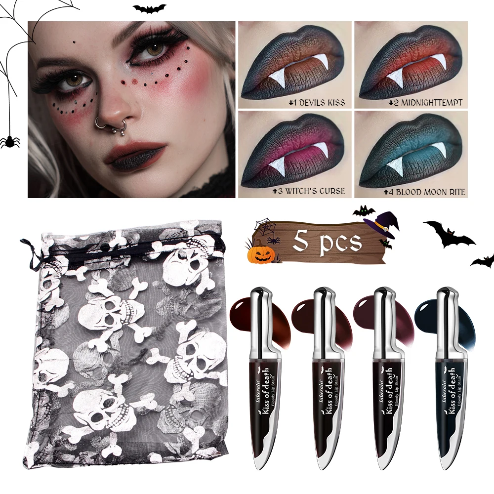 2Pcs Black Gradient Change Lip Stain Gothic Matte Lip Tint Waterproof Long Lasting Vampire Liquid Lipstick Halloween Party