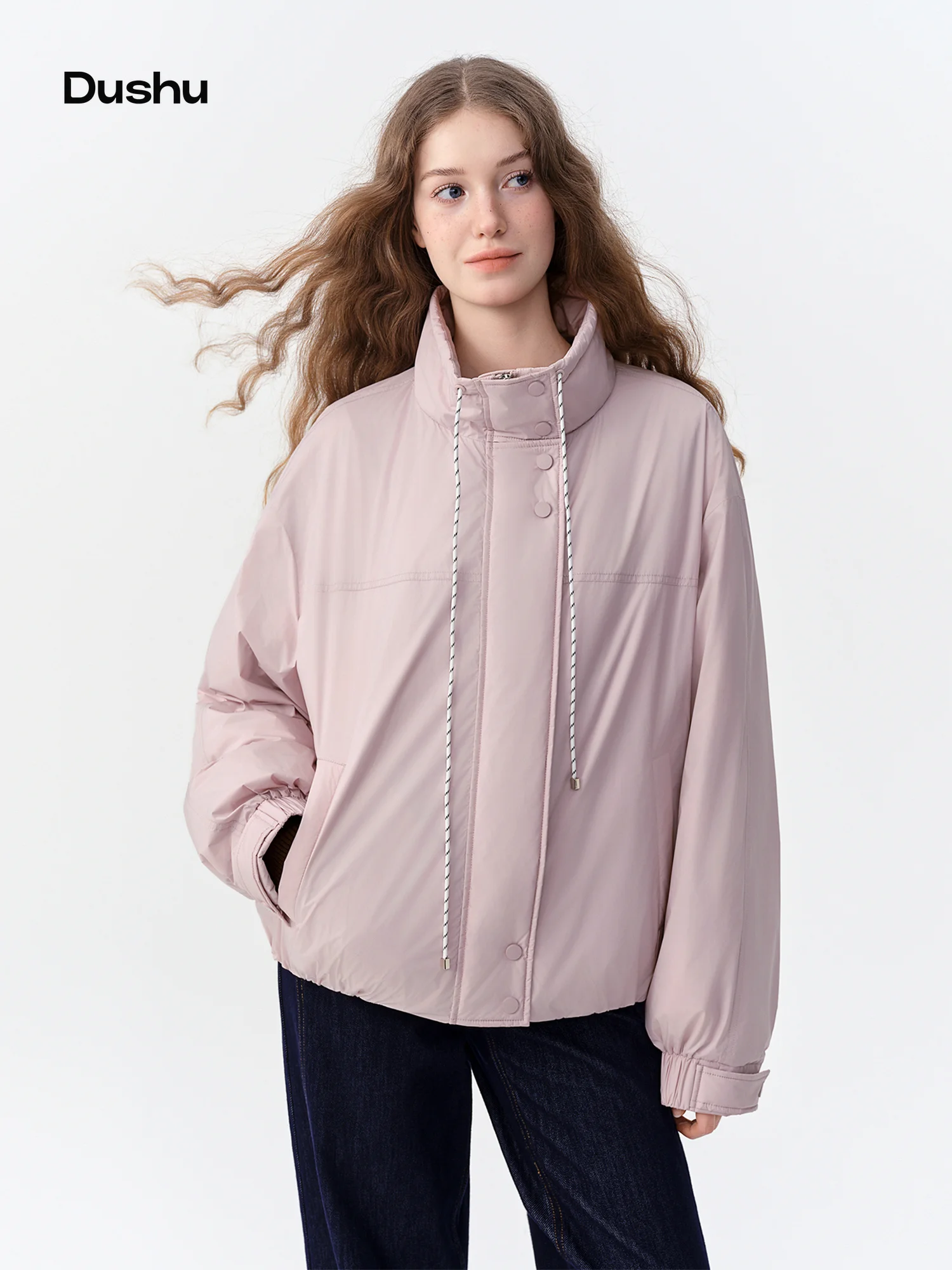 DUSHU Women Windproof Warm Pink Down Jacket with Elastic Hem 2026 Winter New Loose Fit Stylish Outerwear White Duck Down Filled