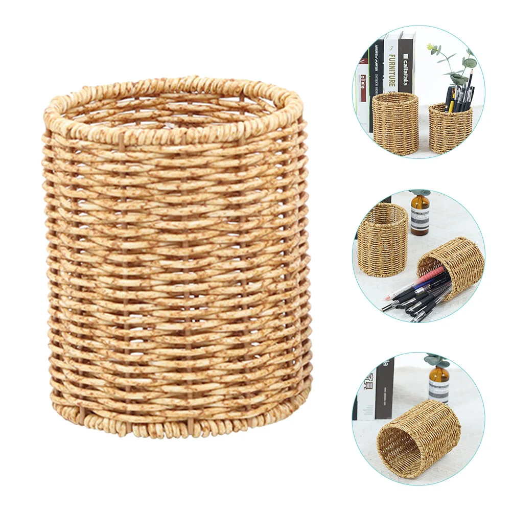 Imagem -03 - Rattan Mesa Organizador Titular Papelaria Container Desktop Grande Capacidade Cup Pot Tabletop Carro Escritório Bebê Imitação