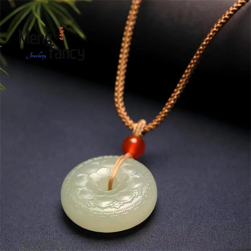 Natural Hetian Green Jade Lotus Peace Buckle Pendant Exquisite Elegant Simple High-grade Luxury Fashion Jewelry Holiday Gifts