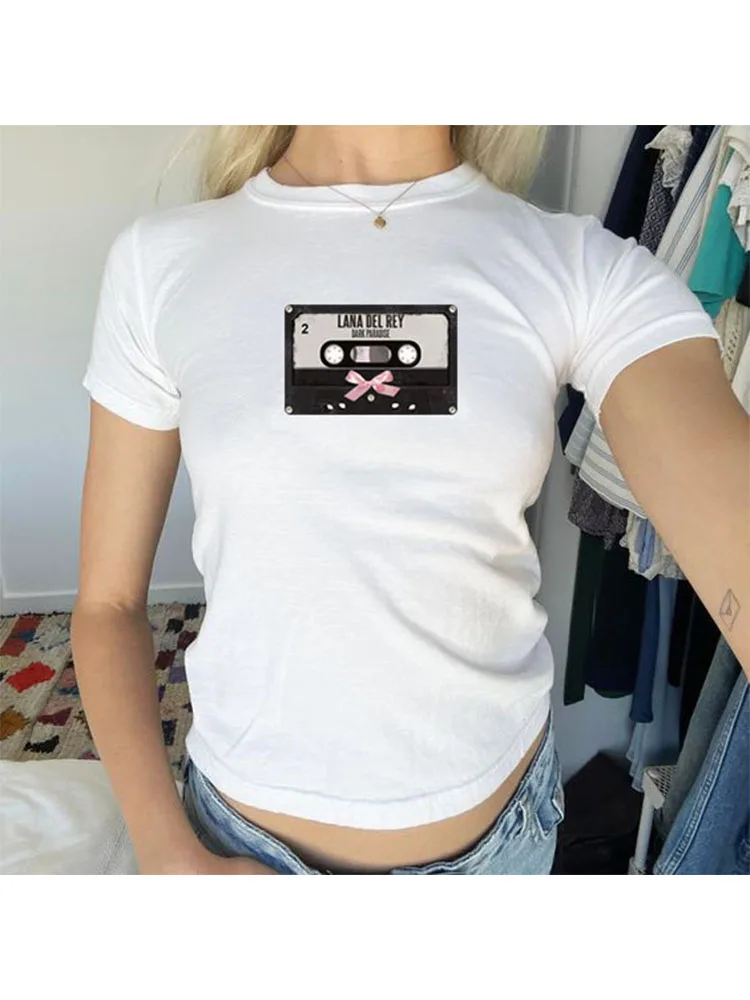 

Y2K Clothing Cute Sweet Audio tape printing Goth Casual Graphic T-Shirt Women O Neck Slim Short Street top