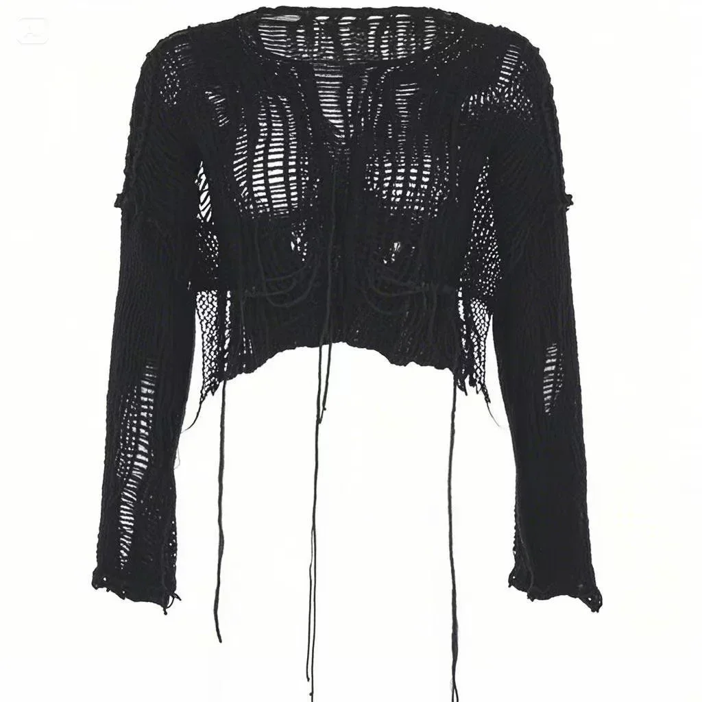 Y2k Abgeschnitten Loch Pullover Sexy Gyaru Aushöhlen Stricken Pullover Goth Koreanische Langarm Jumper Sommer Mode Sheer Strickwaren Tops