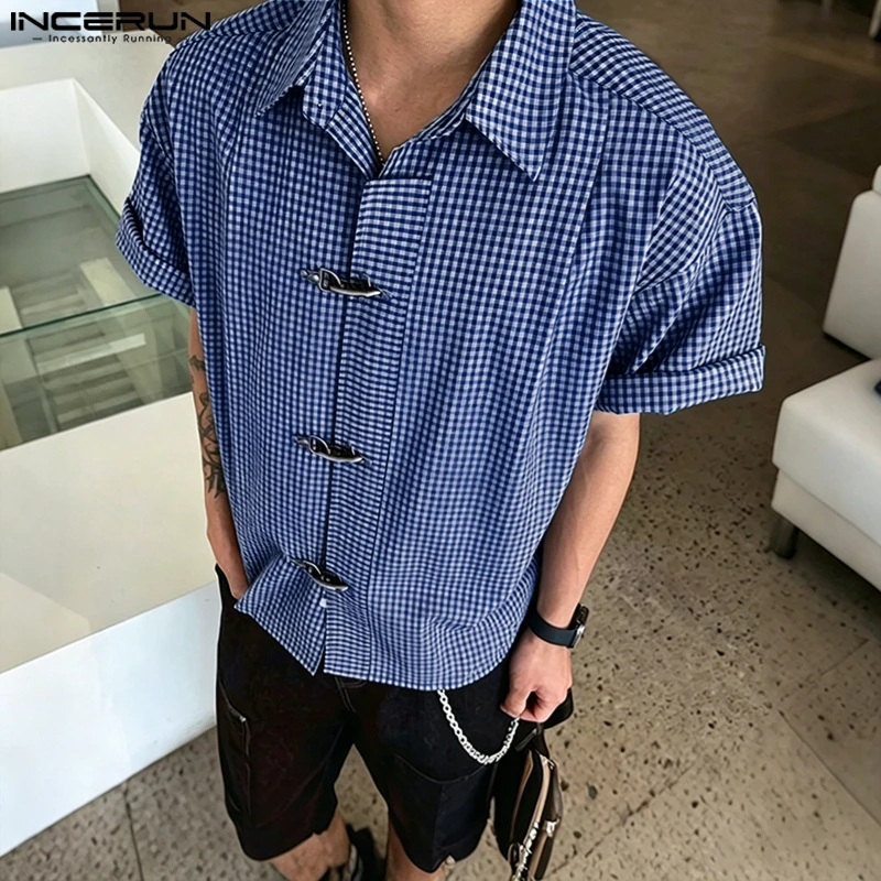 INCERUN Men's Plaid Shirt Short Sleeve Button Loose Men Clothes Summer Streetwear 2026 Fashion Casual Tops Korean Style Shirts