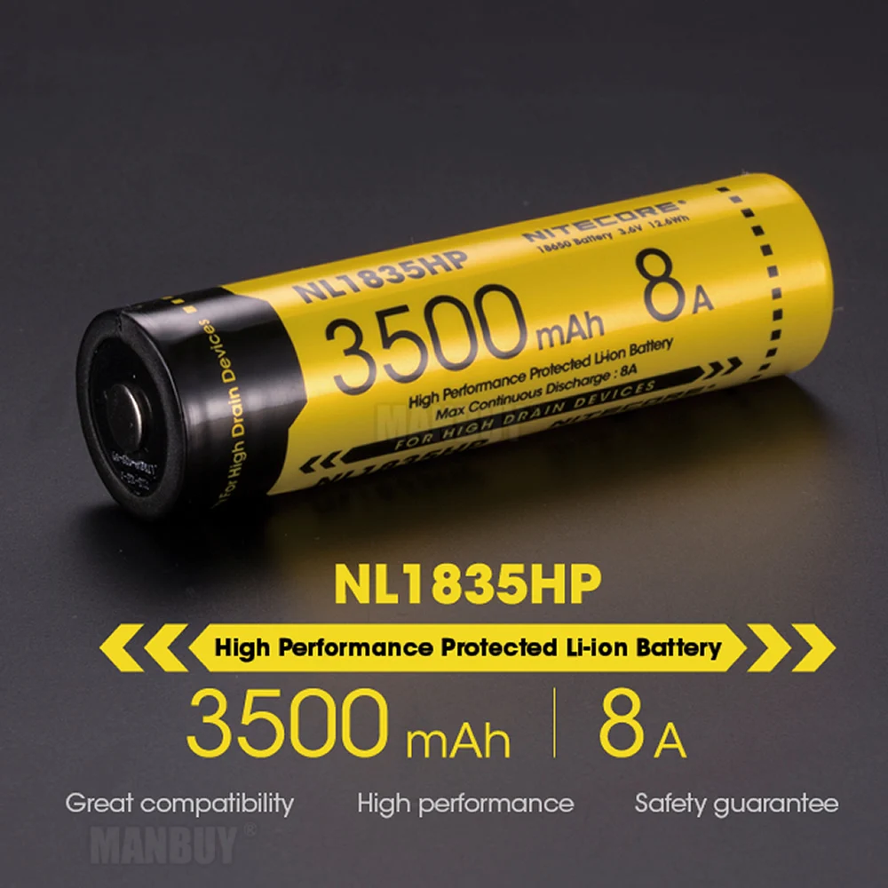 Nitecore-Li-ion Button Top Battery para dispositivos de drenagem, alto desempenho, protegido, NL1836HP, 18650, 3600mAh, 3.6V, 12.96Wh, 8A, 2024