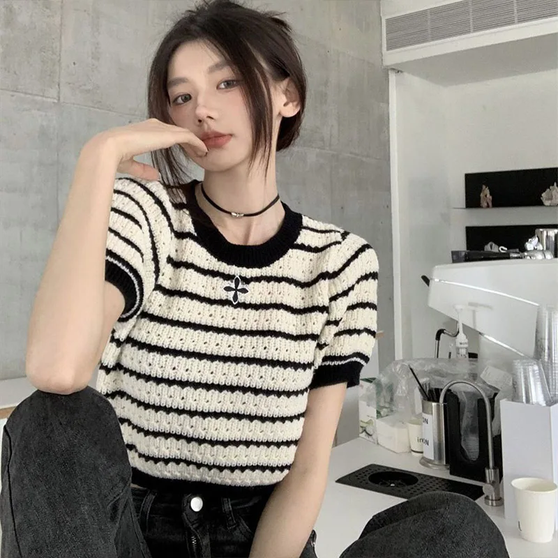 Women Clothing Cross Hollow Striped Sweater Summer New French O-neck Short Sleeve Knit T-shirt Casual Loose Chic Short Top Tees