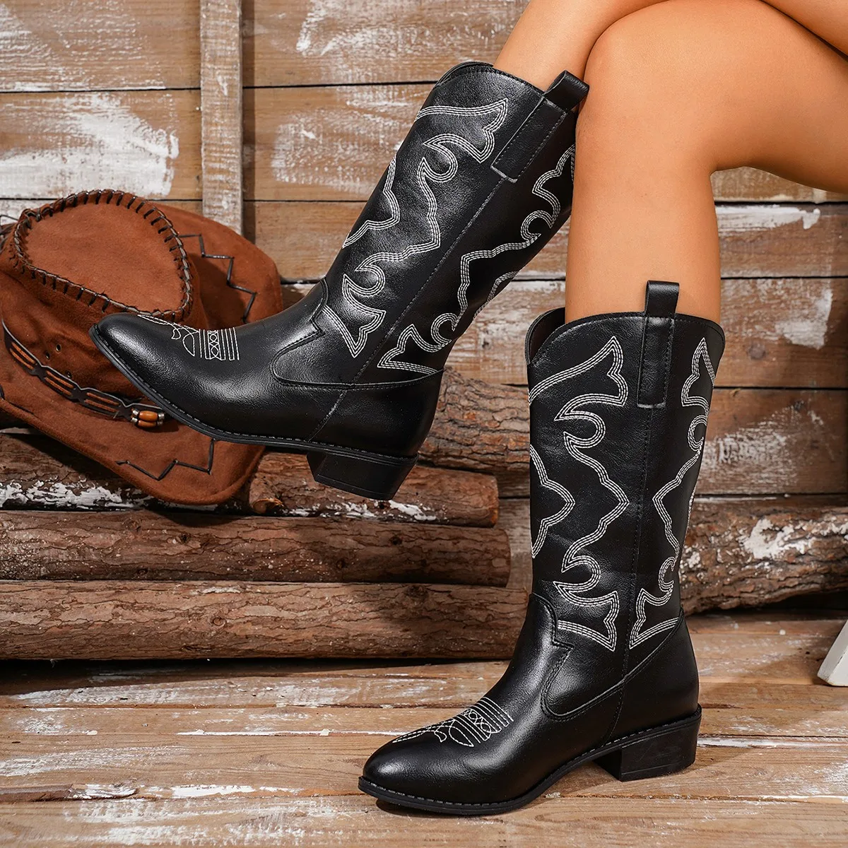 Damenstiefel, klassische Western-Cowboystiefel mit Stickerei, modische Stiefel bis zum Knie, Damen-Freizeitstiefel aus Leder, Botas Feminina – Detail 7