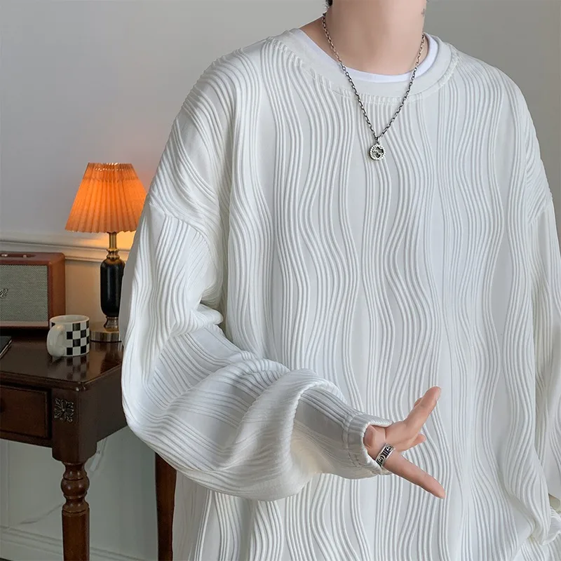 

Spring Autumn Round Neck Long Sleeve T-shirt for Men Korean Fashion Harajuku Solid Striped Baggy T-shirt Tops Y2k Streetwear