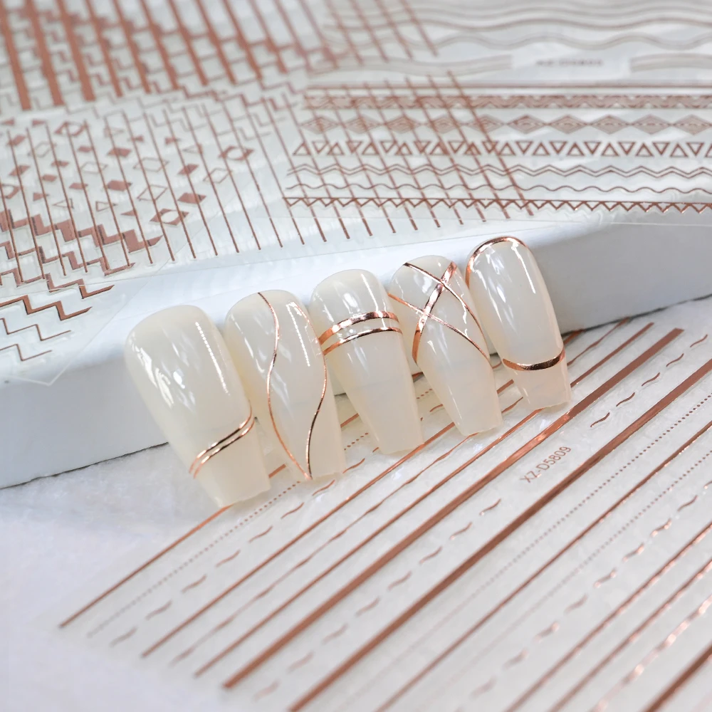 12Pcs 3D Rose Gold French Lines Nail Art Stickers Metal Curve/Stripe/Wave/Geometry Self-Adhesive Decals DIY Manicure Decoration