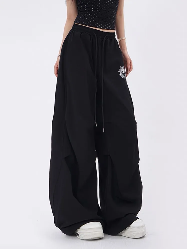 HOUZHOU Y2k Graphic Women Parachute Pants Pink Harajuku Hip Hop Style Oversized Trousers Pleated Wide Leg Pants Black Streetwear