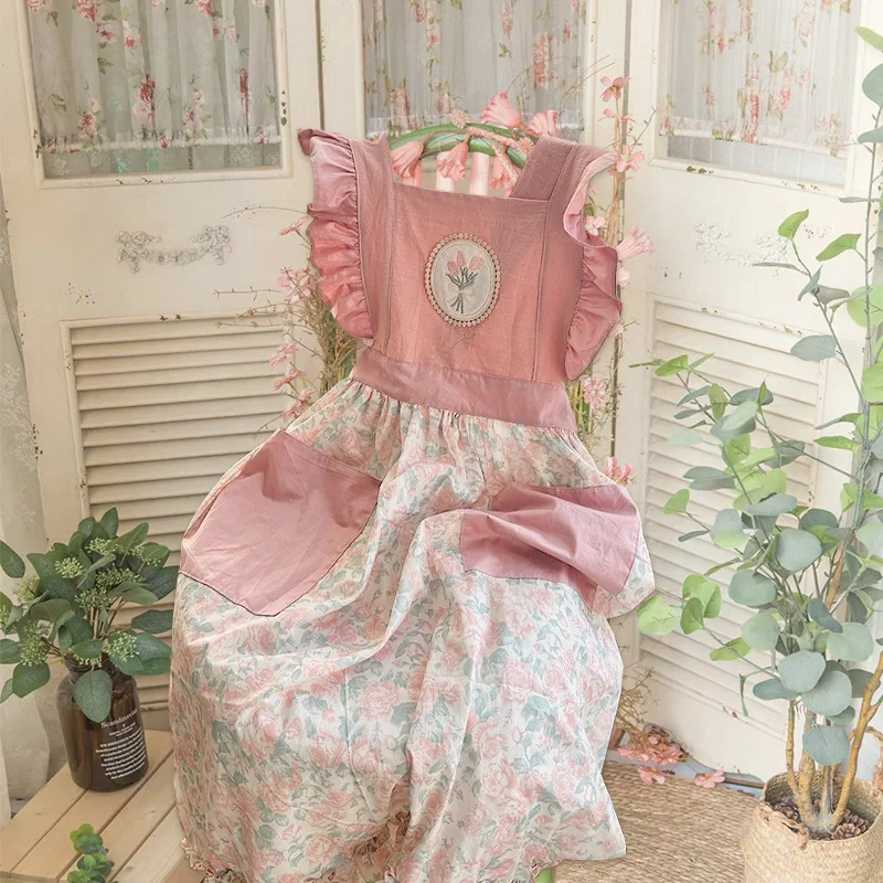 

Плиссированный кружевной фартук с цветочным принтом листьев лотоса, кухонный садовый фартук для дизайна ногтей, предотвращающий пятна, удобный дышащий фартук из чистого хлопка