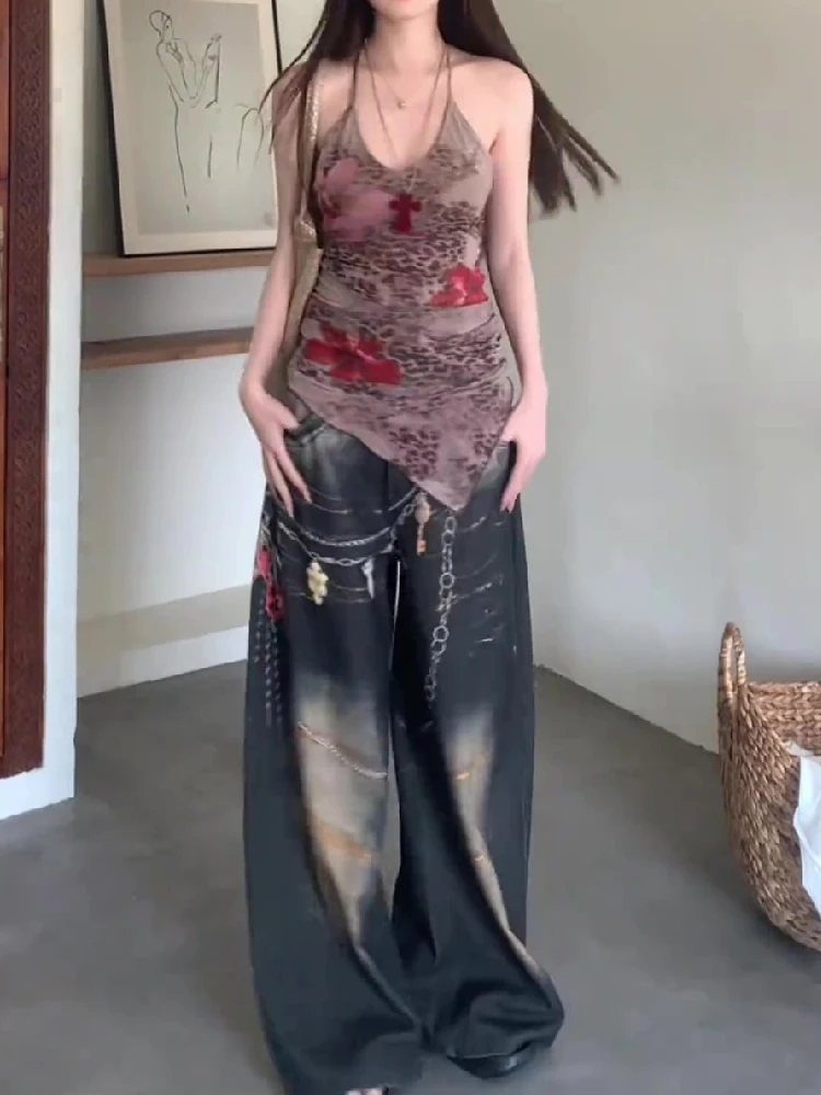 Lato Kobiety Japoński Y2k Halter Top 2000s Estetyczny wzór Leopard Print Camisole Harajuku Trendy Grunge Koreański Gyaru Coquette