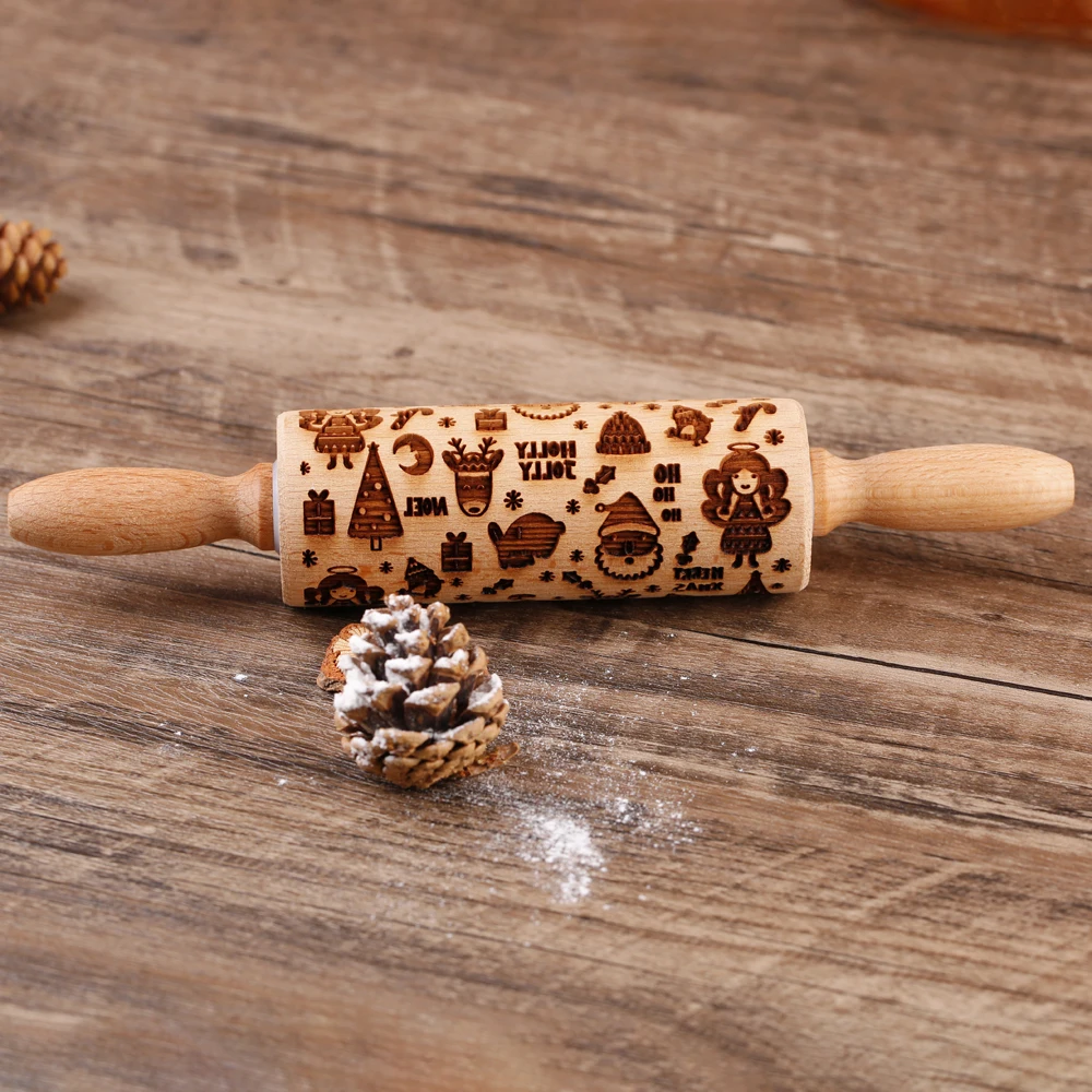 1pc 10inch Wooden Christmas Embossed Small Rolling Pin For Pastry Baking Tools Angel Elk Boots Deep Engraving Cookies Stamp Tool