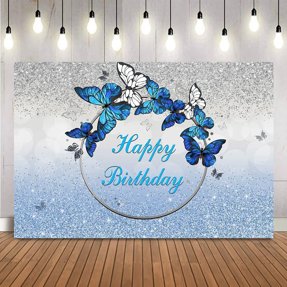 Blue Birthday Backdrop Sliver Glitter Happy Birthday Party Decoration Banner Blue Butterfly Photo Background Customize Name Prop