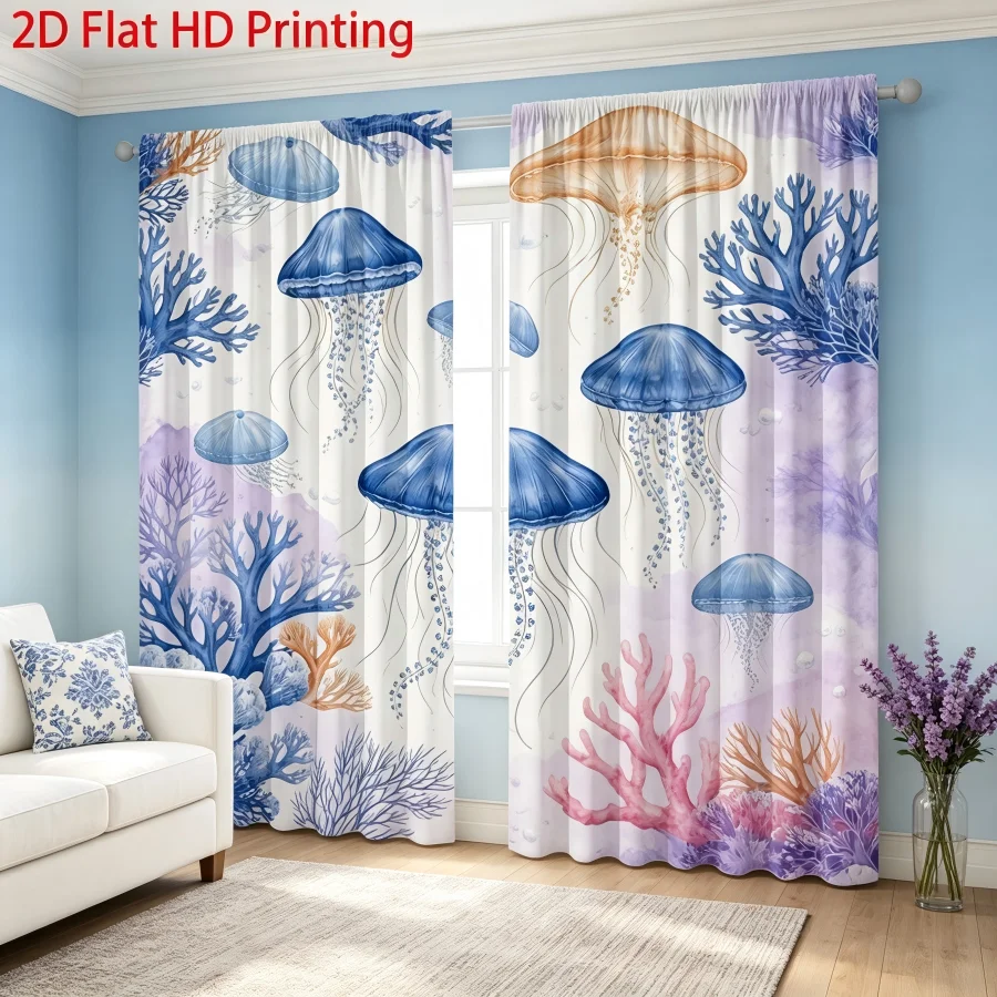 2PCS Digital Print  Curtain, Blue Purple Jellyfish, Rustic Farmhouse Window Treatment Drape for Bedroom Kitchen Decor